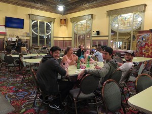 Hanging out in the ballroom at the Green Tortoise Hostel, in San Francisco's North Beach district © 2015 Karen Rubin/news-photos-features.com