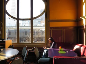 Enjoying breakfast in the ballroom of the Green Tortoise Hostel © 2015 Karen Rubin/news-photos-features.com