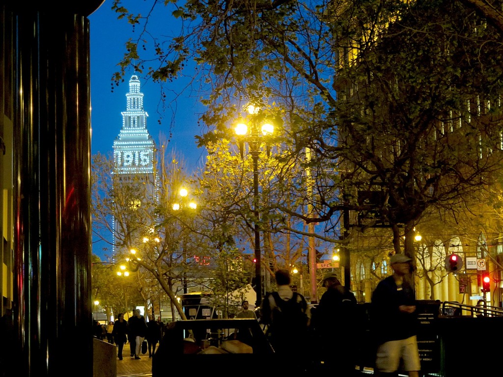 San Francisco's historic ferry building lit up to commemorate the 1915 World's Fair. The city has hosted many fairs which has resulted in a cultural legacy and shaped its landscape © 2015 Karen Rubin/news-photos-features.com