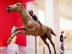 The stunning life-size bronze of an African boy jockey on a racehorse, one of only five bronzes to survive the ages, on view at the National Archeology Museum in Athens © 2015 Karen Rubin/news-photos-features.com