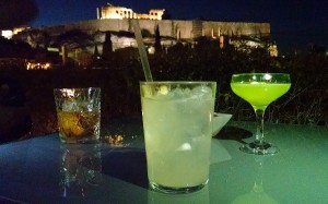 Cocktails at the Hedrion Hotel's Rooftop Garden Bar, with a splendid view of the Acropolis © 2015 Karen Rubin/news-photos-features.com