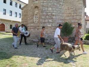 Parading a goat around the church of St. Naum © 2016 Karen Rubin/goingplacesfarandnear.com