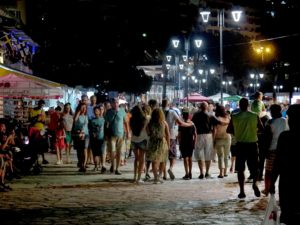 Strolling the promenade at night in the resort town of Saranda on Albania's Riviera © 2016 Karen Rubin/goingplacesfarandnear.com