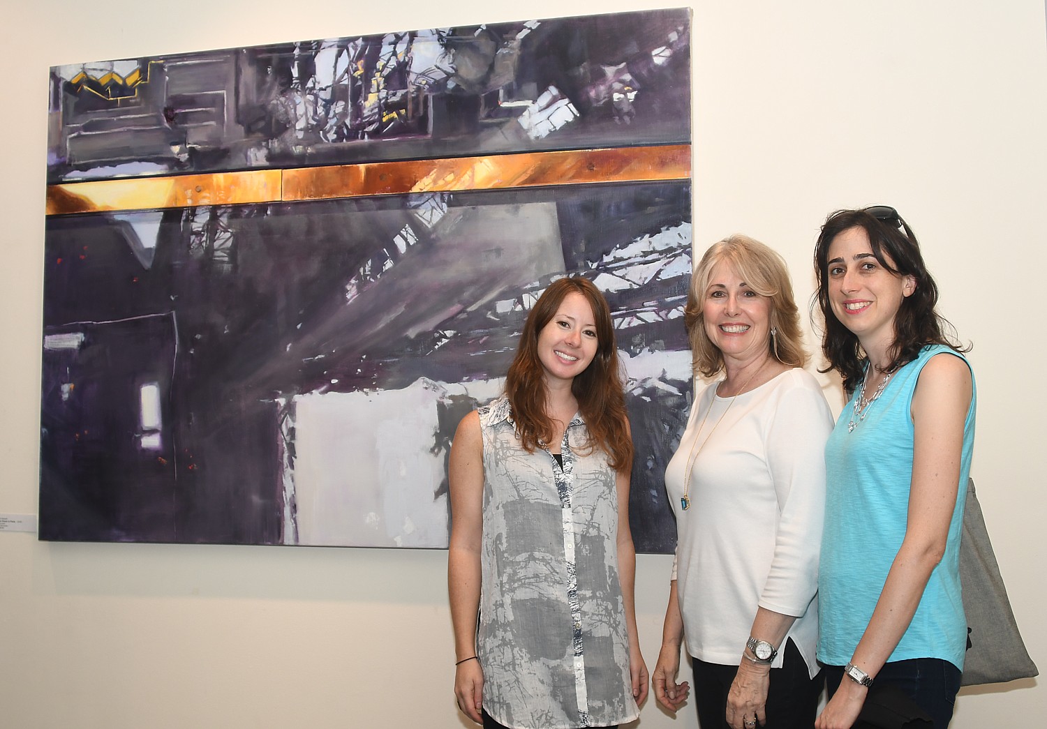 Gold Coast Arts Center Director Regina Gil and Alexandra Gil who curates the Shorts Films in the Gold Coast International Film Festival, with artist Laini Nemett and her painted perspective of the Eiffel Tower © 2016 Karen Rubin/goingplacesfarandnear.com