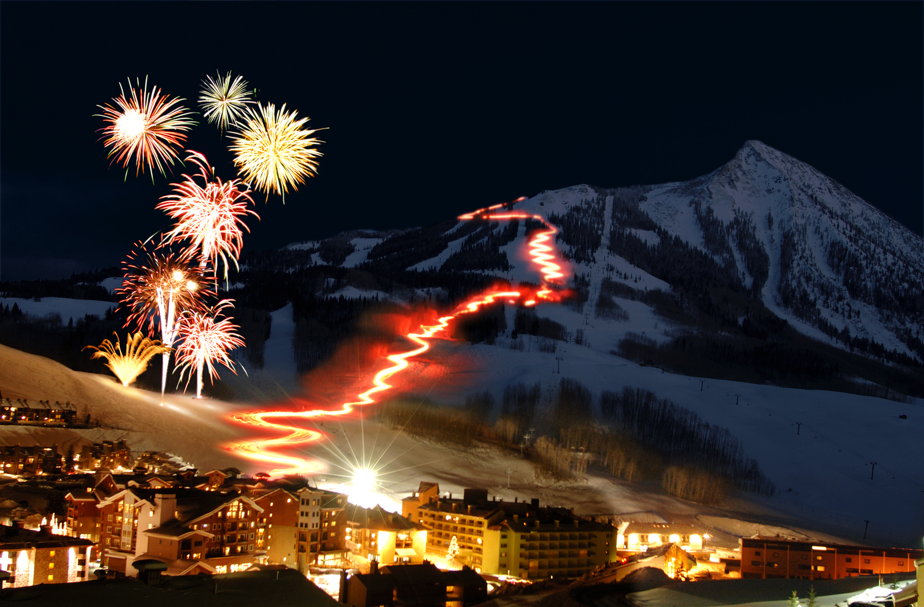 Torchlight parade and fireworks at Crested Butte Mountain Resort. Save up to $300 when you fly directly into Gunnison regional airport (photo supplied by CBMR)