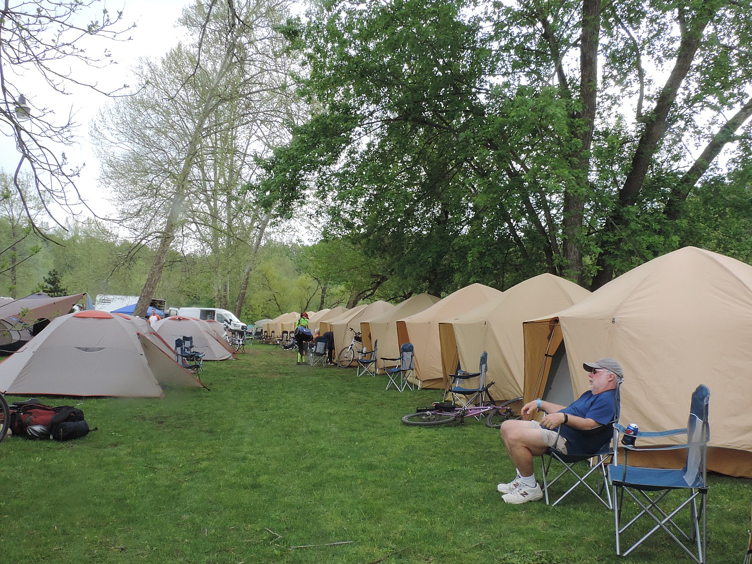 The end of our 33-mile ride on Day 2 of Rails-to-Trails Conservancy's Spring Sojourn on the Great Allegheny Passage takes us to the ROA camping resort in Adelaide, where Comfy Campers has already set up tents © 2016 Karen Rubin/goingplacesfarandnear.com
