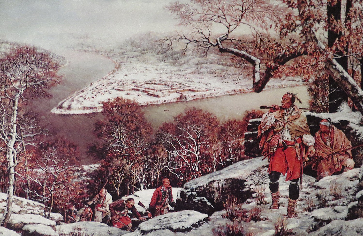 Illustration of Indians on what is now Mount Washington, with Fort Pitt below.
